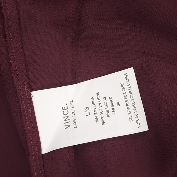 Vince Burgundy Tipped Slim Silk Button-Up L/S Roll-Tab Blouse Size Large NWT - Picture 10 of 11